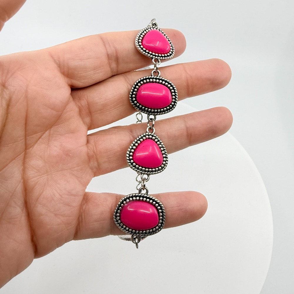 Y2K Hot‎ Pink Cabochon Link Vintage Bracelet Silver Tone Western Boho Statement